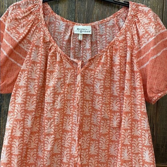 Hester Orchard Sz M BOHO Orange Print Pheasant Cap Sleeves Relaxed Blouse - Picture 6 of 10